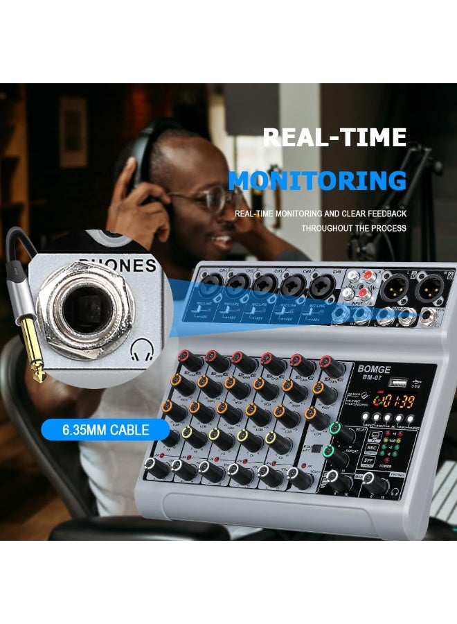 BOMGE BM-07 7 Channel Audio Mixer with USB Bluetooth 48V Phantom Power for Recording Streaming and Podcasting - Image 4