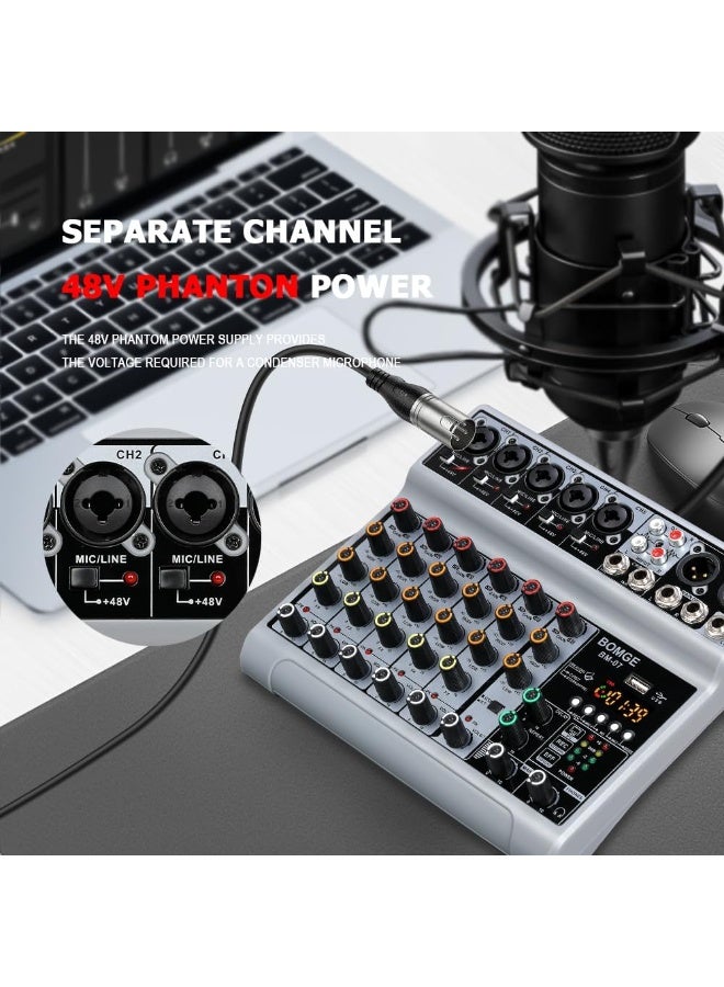 BOMGE BM-07 7 Channel Audio Mixer with USB Bluetooth 48V Phantom Power for Recording Streaming and Podcasting - Image 5