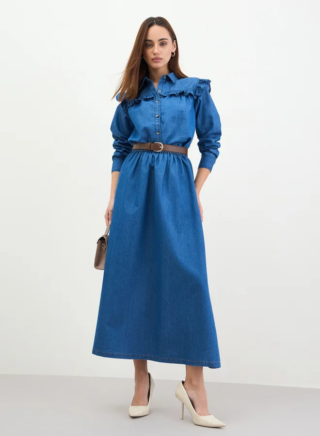 Blue Denim Maxi Skirt with Elastic Waistband