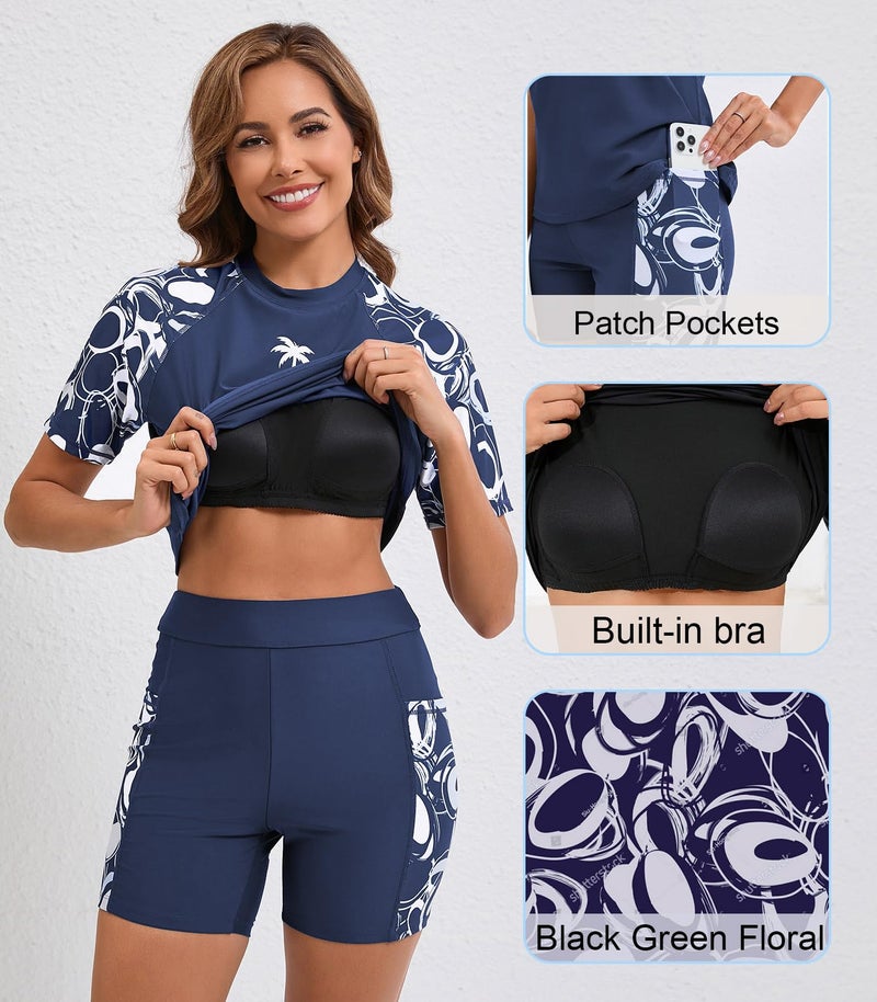 Halcurt Ladies UPF 50+ Rash Guard Swim Shirt and Shorts Built in Bra Swimsuit Set Navy 2XL - Image 5
