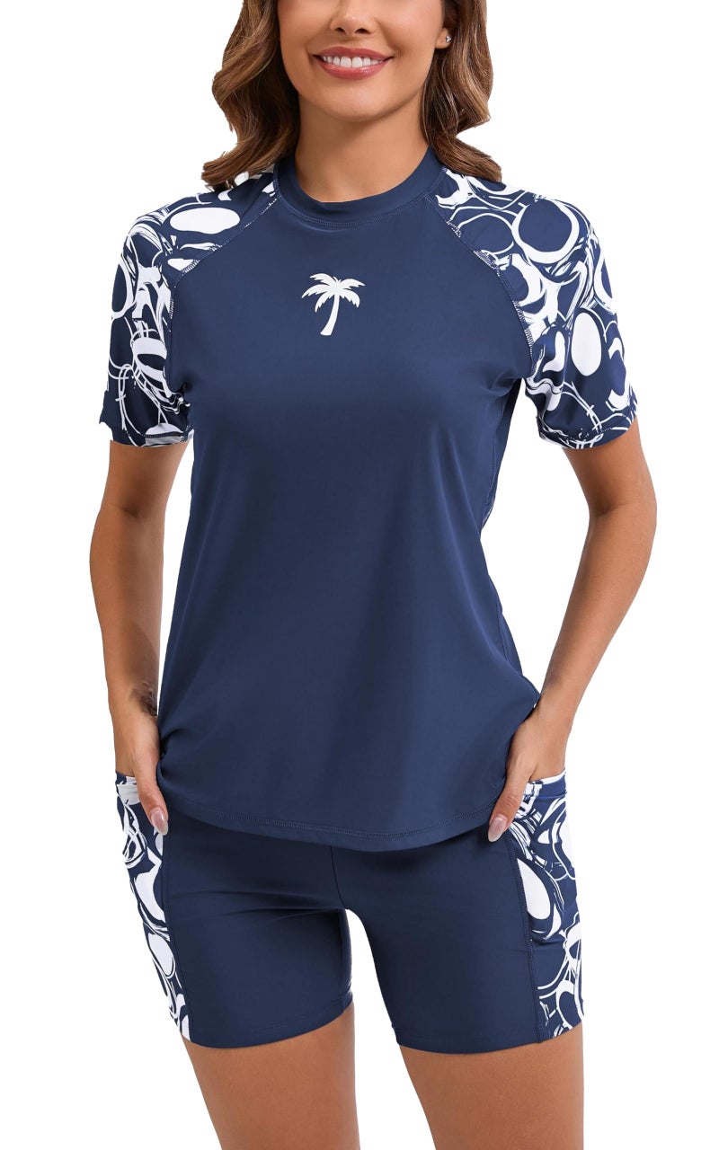 Halcurt Ladies UPF 50+ Rash Guard Swim Shirt and Shorts Built in Bra Swimsuit Set Navy 2XL - Image 1