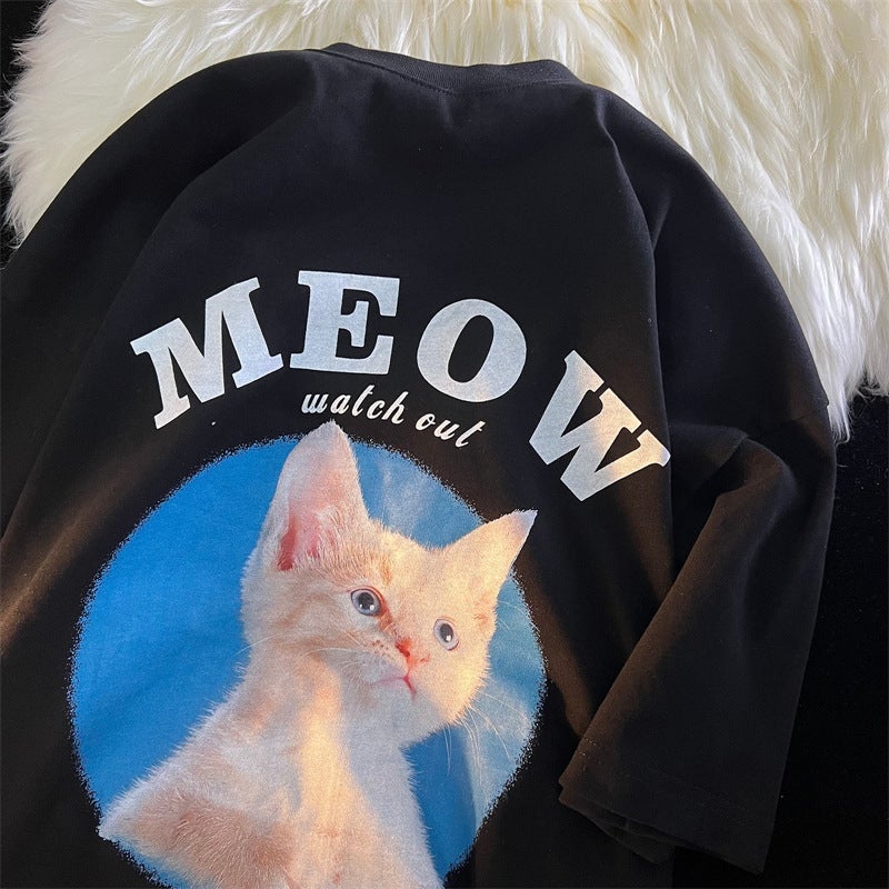 Cute Cat Print Tee Chic Summer Couple Top Black (milk Silk) 