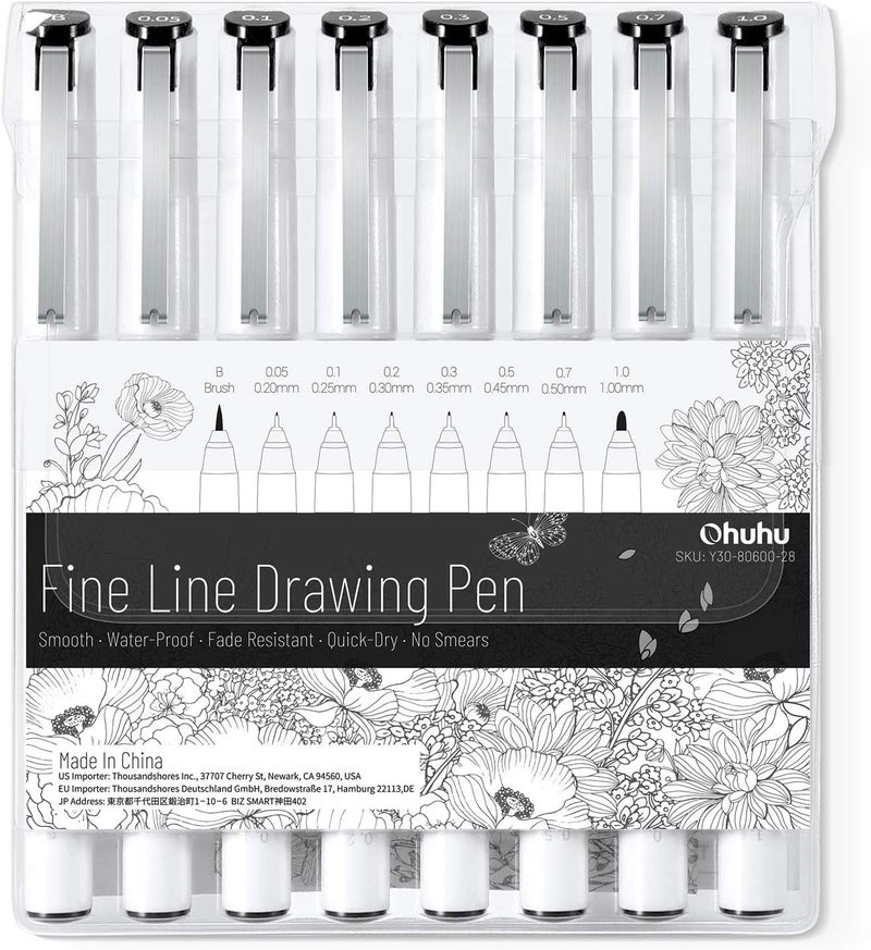 Ohuhu Fineliner Pens Micro Drawing Pens: 8-size Tips (Ultra-fine, Fine & Brush) Waterproof Pigment Black Ink for Illustration Drawing Journaling Sketching for Artist Beginners - Image 1