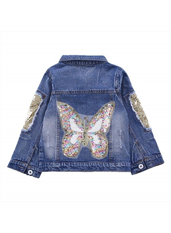 Peacolate 3-10Years Little Big Girls Spring Autumn Embroidered Paillette Sequins Butterfly Denim Jacket Kid's Top (Butterfly,9-10Years) - Image 1