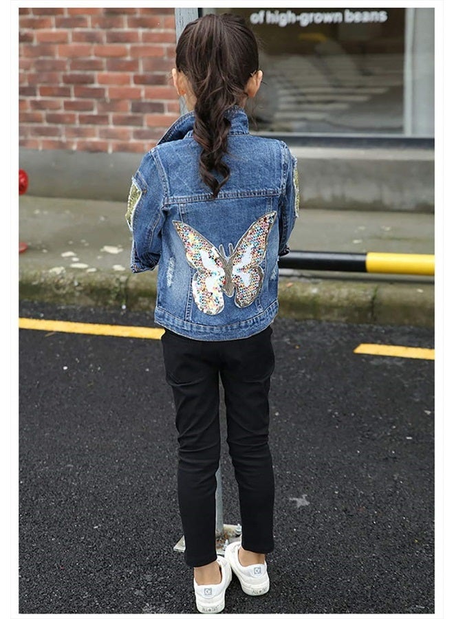 Peacolate 3-10Years Little Big Girls Spring Autumn Embroidered Paillette Sequins Butterfly Denim Jacket Kid's Top (Butterfly,9-10Years) - Image 3