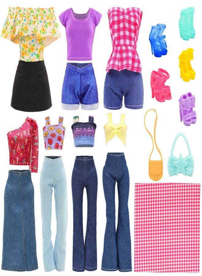 BARWA 17 Pcs Doll Clothes and Accessories for 11.5 Inch Girl Dolls Including 7 Sets Fashion Floral Skirts and Denim Skirts, Casual Tops and Pants with 2 Bags, 5 Shoes, 1 Plaid Picnic Mat - Image 2
