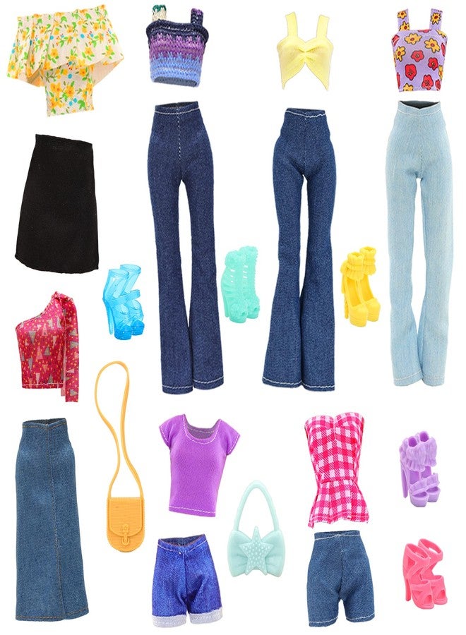 BARWA 17 Pcs Doll Clothes and Accessories for 11.5 Inch Girl Dolls Including 7 Sets Fashion Floral Skirts and Denim Skirts, Casual Tops and Pants with 2 Bags, 5 Shoes, 1 Plaid Picnic Mat - Image 1