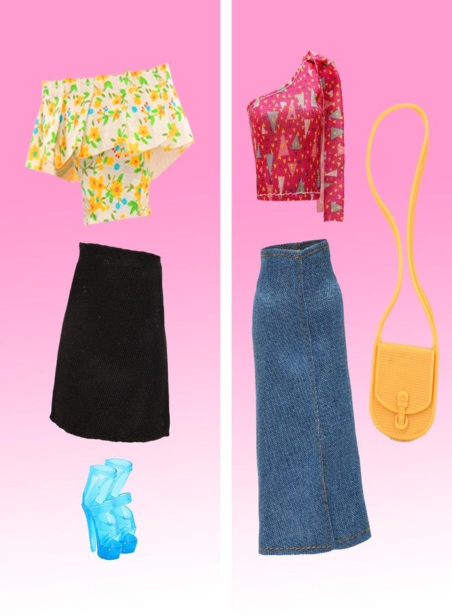 BARWA 17 Pcs Doll Clothes and Accessories for 11.5 Inch Girl Dolls Including 7 Sets Fashion Floral Skirts and Denim Skirts, Casual Tops and Pants with 2 Bags, 5 Shoes, 1 Plaid Picnic Mat - Image 4