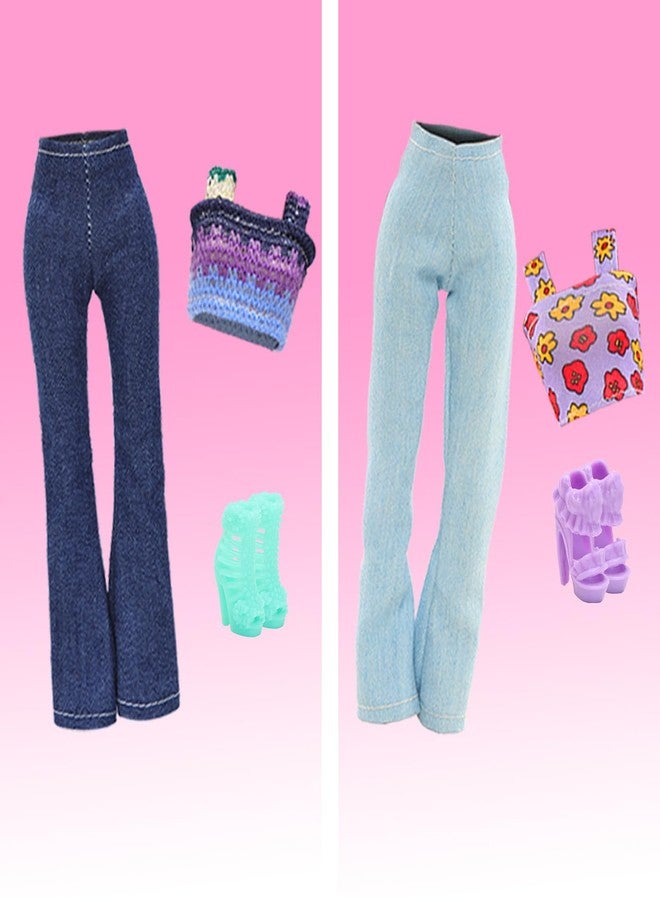 BARWA 17 Pcs Doll Clothes and Accessories for 11.5 Inch Girl Dolls Including 7 Sets Fashion Floral Skirts and Denim Skirts, Casual Tops and Pants with 2 Bags, 5 Shoes, 1 Plaid Picnic Mat - Image 5