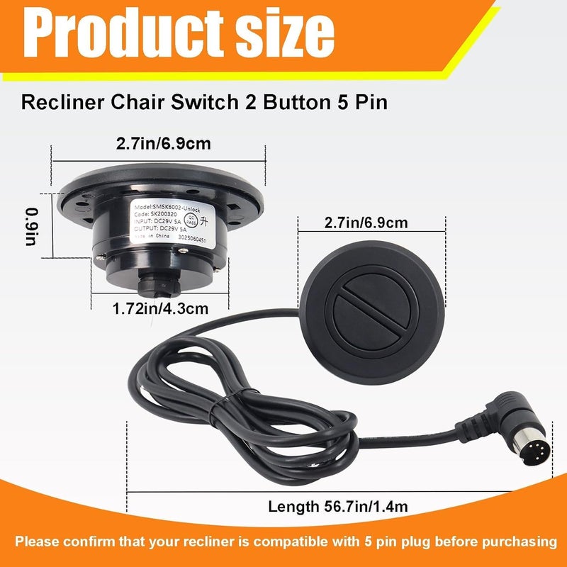 Swess Recliner Switching with 2 Button 5 Pin Plug for Electric Sofa Recliner Lift Chair Electric Handset Control Replacement （2 Pack） - Image 2