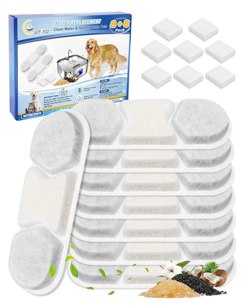 Cunina 8 Pack Filter & 8 Pump Sponges Pet Water Fountain Filter Compatible with WF120 Dog Water Bowl Dispenser 410oz/3.2Gal/12L, Filters Replacement for Cat Automatic Water Fountain Stainless Steel - Image 1