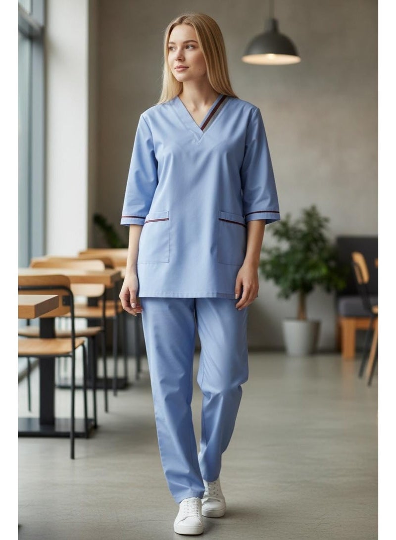 Dee's Fashion Professional Medical Scrubs Set for Women, V-Neck Uniform with Contrast Piping, 3/4 Sleeve Top and Pants for Healthcare Workers and Housemaids - Image 3
