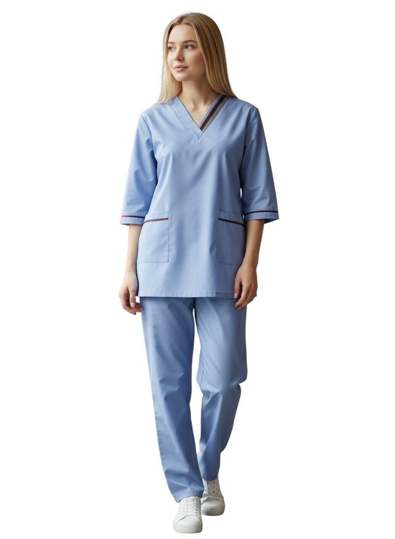 Dee's Fashion Professional Medical Scrubs Set for Women, V-Neck Uniform with Contrast Piping, 3/4 Sleeve Top and Pants for Healthcare Workers and Housemaids - Image 1