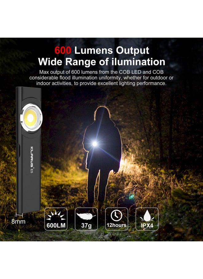 KLARUS klarus E5 Pocket Flashlight, Rechargeable EDC Flashlight, Super Slim 4.2x1x0.3inch, 600 Lumens, USB-C Port, IPX4, Dual Light Source with Magnetic Base, Hat & Clothes Clip - Black  - Image 1