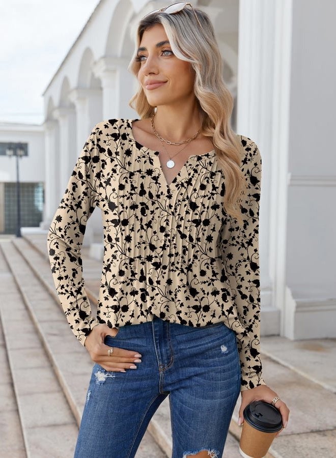 zeagoo Womens Long Sleeve Tops 2025 V Neck Pleated Shirts Dressy Casual Tunic Blouses Loose Fit Fall Fashion Clothes, Khaki-printed, 3XL - Image 3