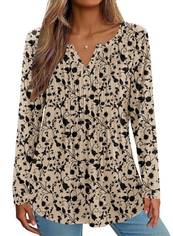 zeagoo Womens Long Sleeve Tops 2025 V Neck Pleated Shirts Dressy Casual Tunic Blouses Loose Fit Fall Fashion Clothes, Khaki-printed, 3XL - Image 4