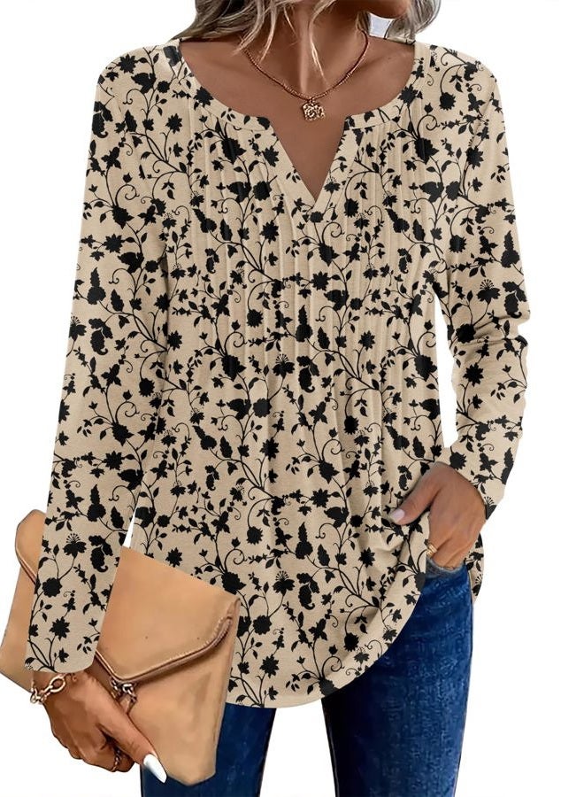 zeagoo Womens Long Sleeve Tops 2025 V Neck Pleated Shirts Dressy Casual Tunic Blouses Loose Fit Fall Fashion Clothes, Khaki-printed, 3XL - Image 2