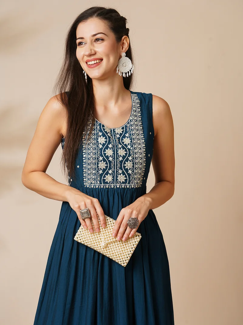 globus Women Floral Embroidered Sleeveless Pleated A-Line Kurta With Trouser
