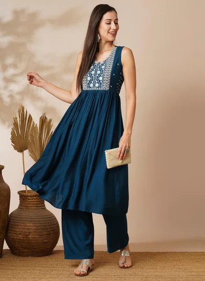 globus Globus Women Floral Embroidered Sleeveless Pleated A-Line Kurta With Trousers Festive Set