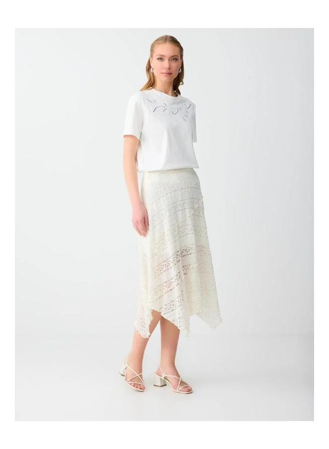 Jimmy Key Off‑white Comfortable Fit Normal Waist Lace‑Detail Knitted Skirt.