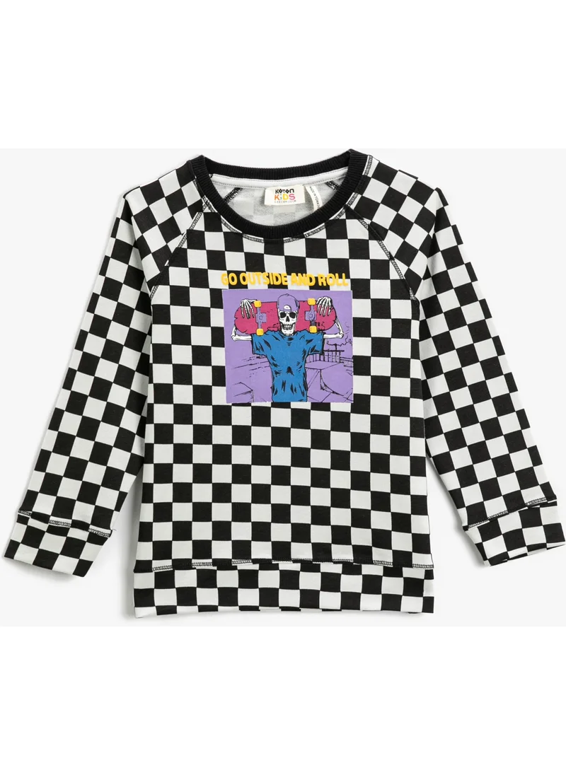 KOTON Koton Check Printed Long Sleeve T-Shirt Crew Neck