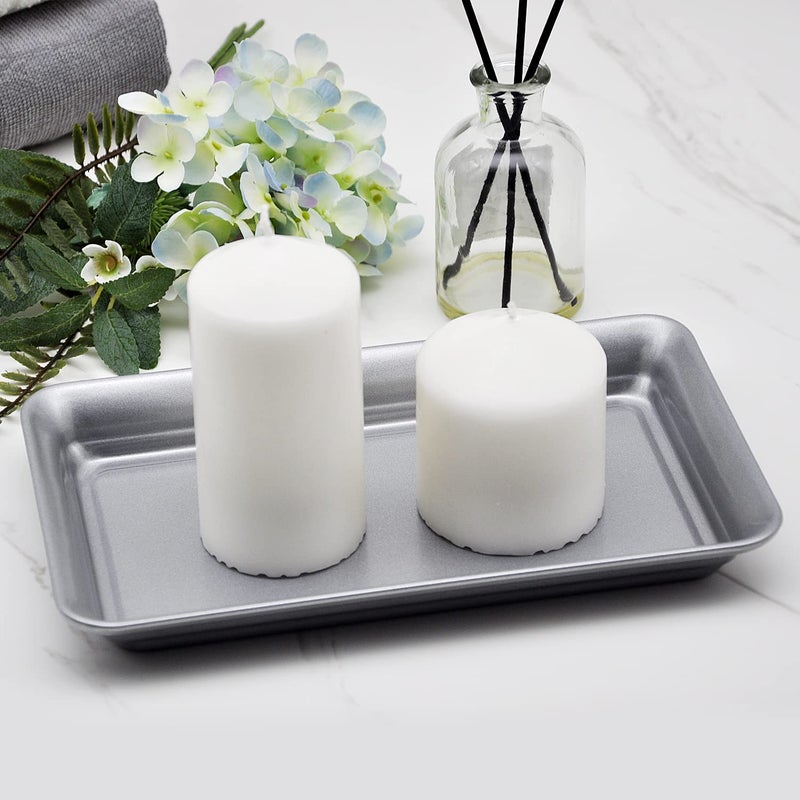 SheeChung Vintage Farmhouse Decor Metal Vanity Tray(2 Pack),Countertop Guest Hand Towel Storage Organizer Tray Dispenser, Sturdy Holder for Perfume,Cosmetics, Jewelry, Makeup Bathroom Organizer (Silver) - Image 3