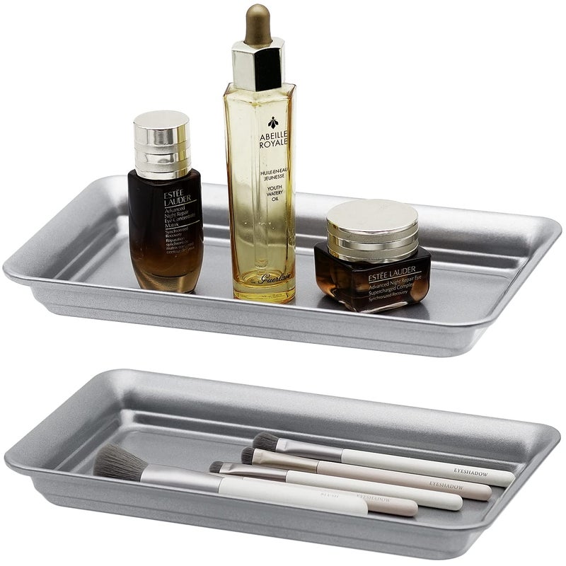 SheeChung Vintage Farmhouse Decor Metal Vanity Tray(2 Pack),Countertop Guest Hand Towel Storage Organizer Tray Dispenser, Sturdy Holder for Perfume,Cosmetics, Jewelry, Makeup Bathroom Organizer (Silver) - Image 2
