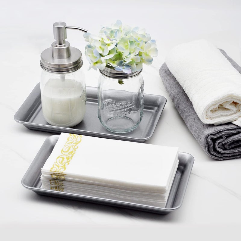 SheeChung Vintage Farmhouse Decor Metal Vanity Tray(2 Pack),Countertop Guest Hand Towel Storage Organizer Tray Dispenser, Sturdy Holder for Perfume,Cosmetics, Jewelry, Makeup Bathroom Organizer (Silver) - Image 4