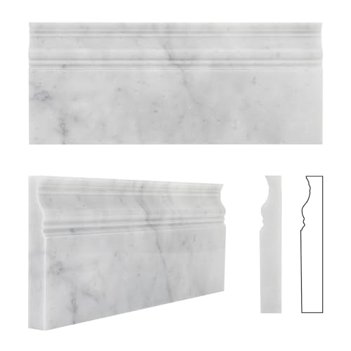 Adolif Carrara White Marble Baseboard Trim Molding, Polished, 5"x12", 4 Pcs, Marble Wall Skirting Base Trim Moulding for Shower Bathroom Wall Kitchen Backsplash - Image 1