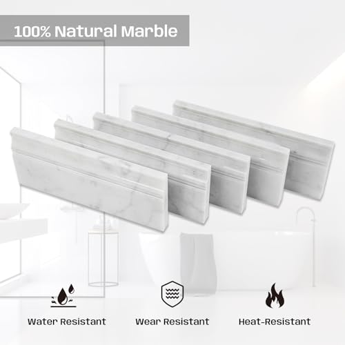 Adolif Carrara White Marble Baseboard Trim Molding, Polished, 5"x12", 4 Pcs, Marble Wall Skirting Base Trim Moulding for Shower Bathroom Wall Kitchen Backsplash - Image 5