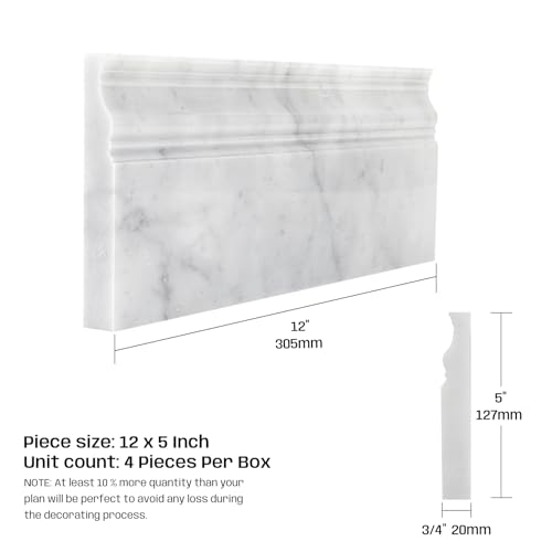 Adolif Carrara White Marble Baseboard Trim Molding, Polished, 5"x12", 4 Pcs, Marble Wall Skirting Base Trim Moulding for Shower Bathroom Wall Kitchen Backsplash - Image 3