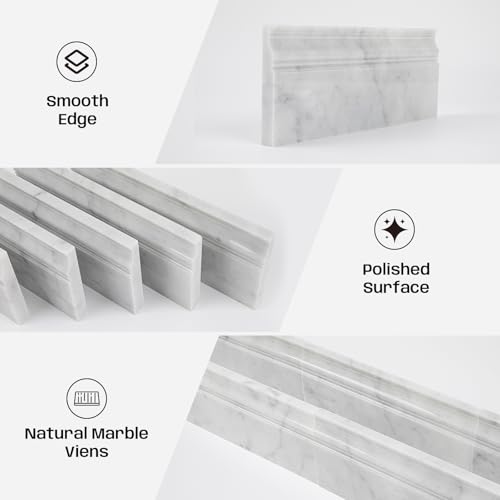 Adolif Carrara White Marble Baseboard Trim Molding, Polished, 5"x12", 4 Pcs, Marble Wall Skirting Base Trim Moulding for Shower Bathroom Wall Kitchen Backsplash - Image 4