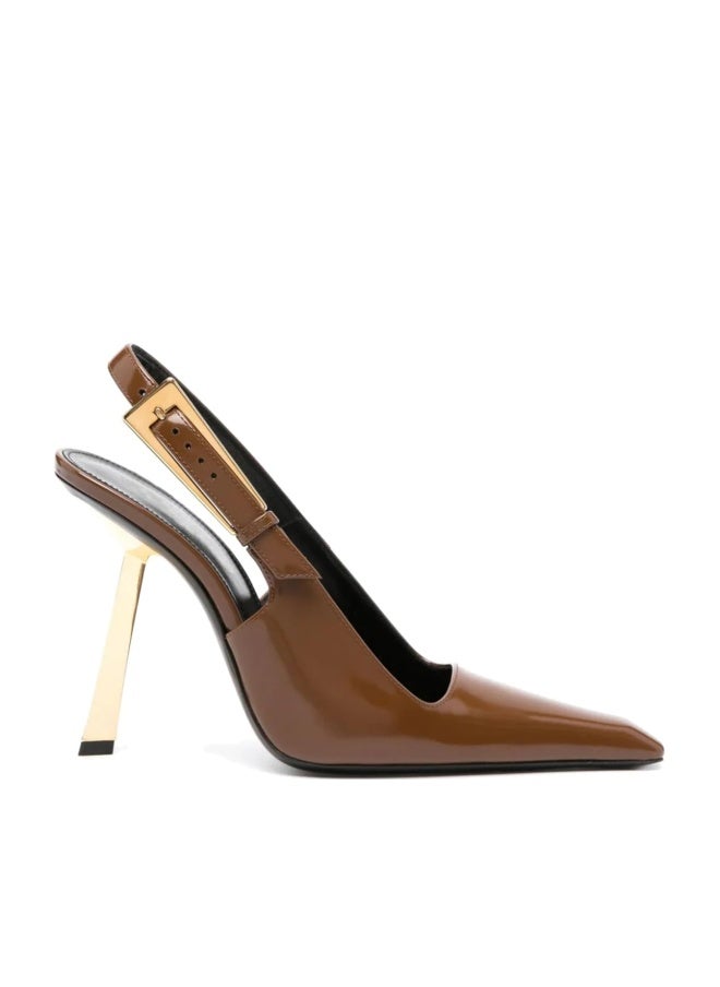 Vertundy Brown Slingback Heels for Women - Closed Pointed Toe Stiletto Gold Heel Strap Buckle Sandals Party Wedding Bride Dress Pumps Size 7.5 - Image 1