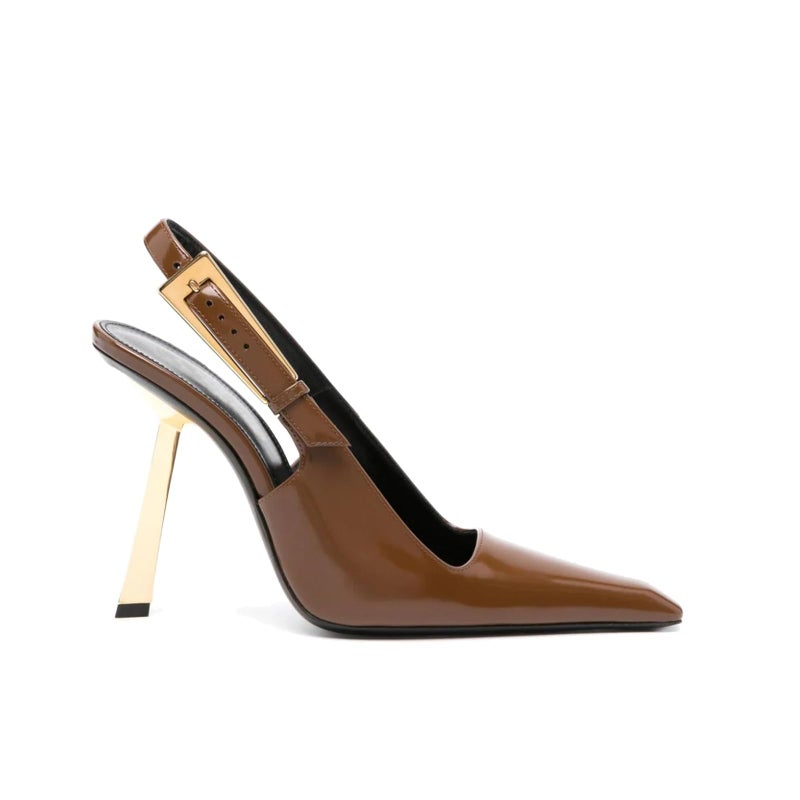 Vertundy Brown Slingback Heels for Women - Closed Pointed Toe Stiletto Gold Heel Strap Buckle Sandals Party Wedding Bride Dress Pumps Size 7.5 - Image 4