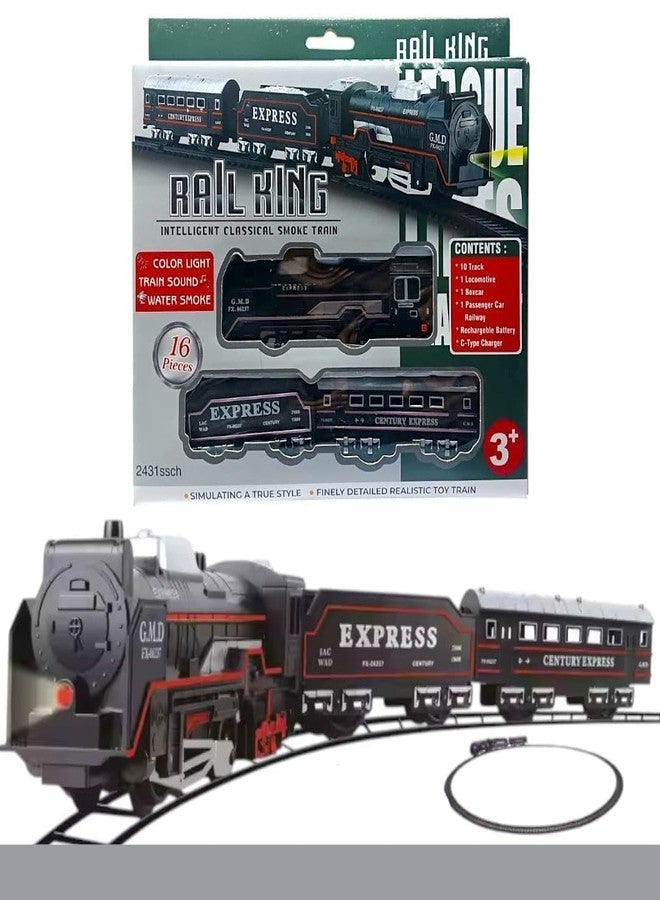 قطار HOMOZE Rail King الذكي الكلاسيكي الدخاني - مجموعة قابلة لإعادة الشحن من 16 إلى 21 قطعة مع مسارات وقاطرة وعربات، يتميز بالضوء والصوت ودخان الماء الواقعي للأطفال (قد يختلف اللون) - Image 1