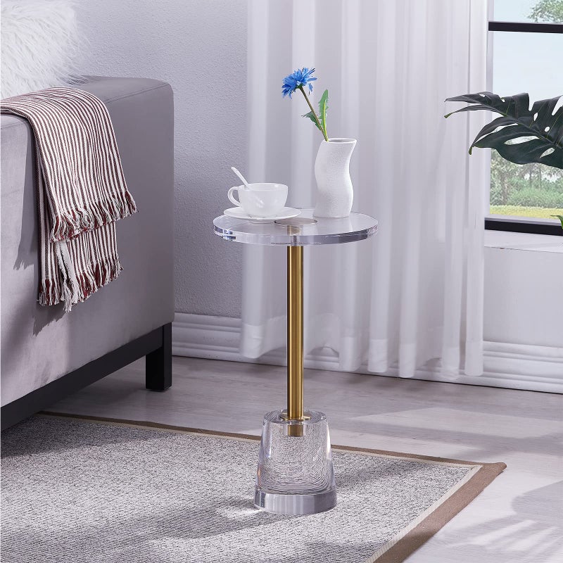LIKENOW Furniture Acrylic Side TableClear Small Round End Table for Living RoomBedroomOffice  Modern Nightstand with Gold Post for DrinkFoodSnackAssembly