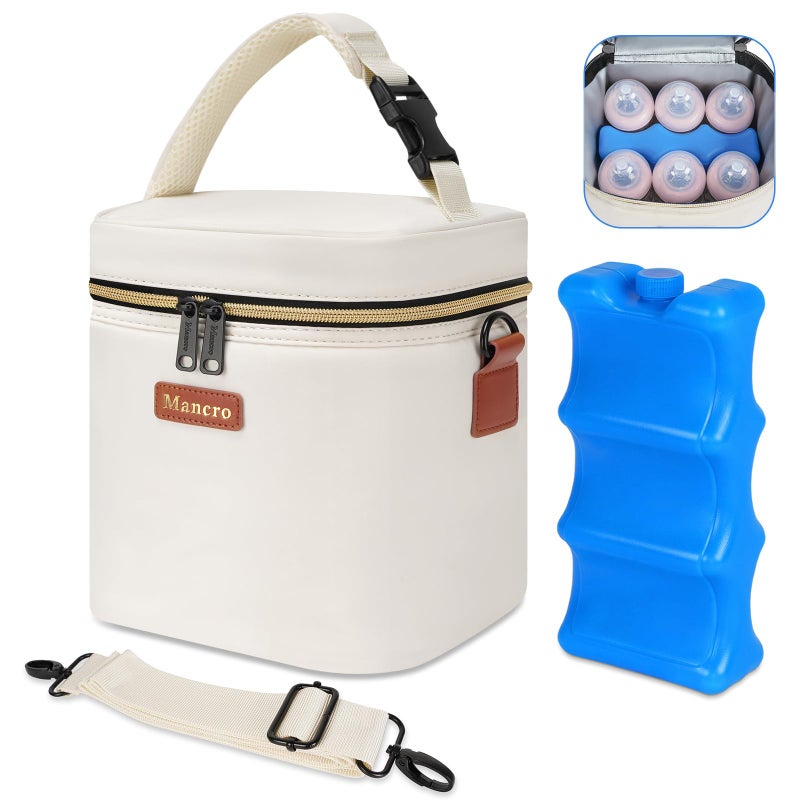 Mancro Breastmilk Cooler Bag with Ice Pack Fits 6 Insulated Baby Bottles Up to 9 Ounce Breast Milk Cooler for Nursing Mom Cream
