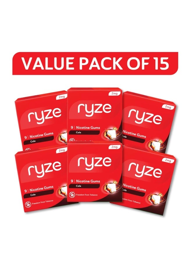 رايز علكة النيكوتين RYZE بتركيز 2 ملغ | علكة نيكوتين بنكهة الكولا (2 ملغ) | عبوة مكونة من 15 علبة (135 قطعة علكة) | لطيفة على الحلق | معتمدة من إدارة الغذاء والدواء (FDA) | خالية من السكر | ذات خصائص لتبييض الأسنان - Image 1