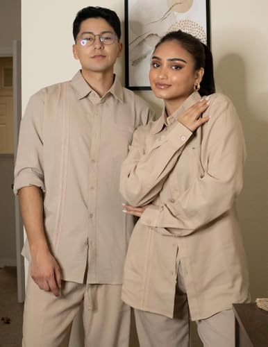 COOFANDY Mens Coordinated Outfit 2 Pieces Linen Set Long Sleeve Cuban Shirts with Pocket and Casual Beach Pants Summer Yoga, Khaki, X-Large - Image 3