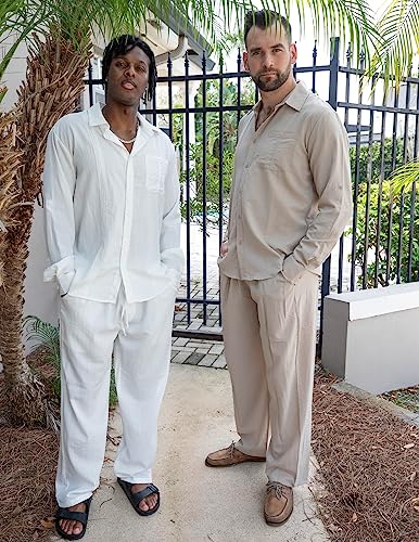 COOFANDY Mens Coordinated Outfit 2 Pieces Linen Set Long Sleeve Cuban Shirts with Pocket and Casual Beach Pants Summer Yoga, Khaki, X-Large - Image 2
