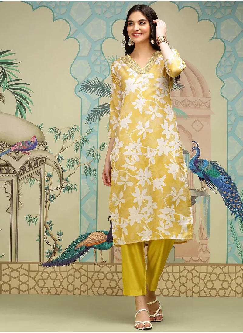 ISHIN Mustard Kurta Set Straight Fit 3/4 Sleeve Sleeve made from Roman silk featuring Self Design design and Round Neck neckline - Perfect for Ethinic!