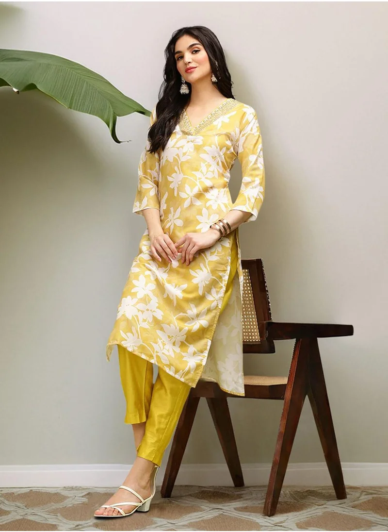 ISHIN Mustard Kurta Set Straight Fit 3/4 Sleeve Sleeve made from Roman silk featuring Self Design design and Round Neck neckline - Perfect for Ethinic!