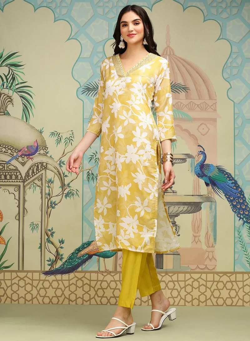 ISHIN Women's Mustard Roman Silk Self Design Full Length Palazzo Kurta Set