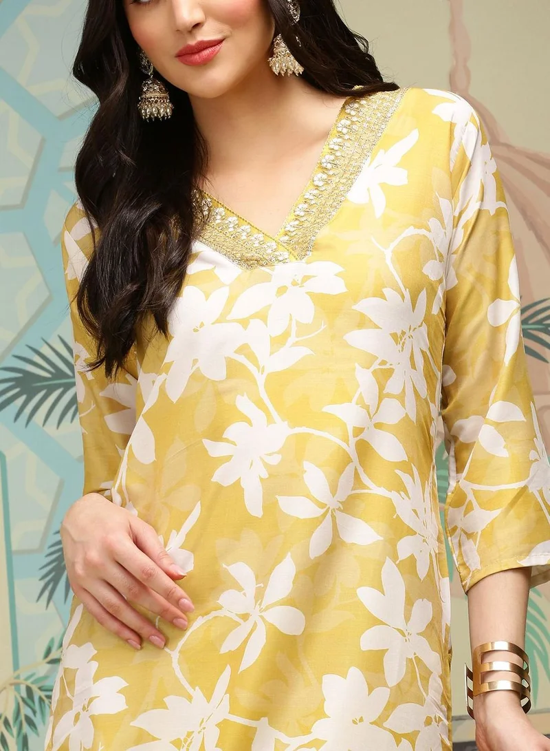 ISHIN Women's Mustard Roman Silk Self Design Full Length Palazzo Kurta Set