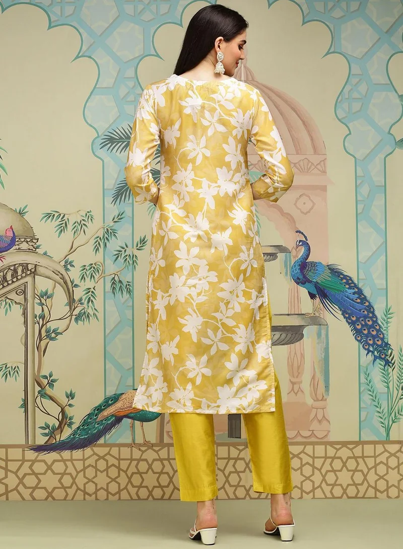 ISHIN Women's Mustard Roman Silk Self Design Full Length Palazzo Kurta Set