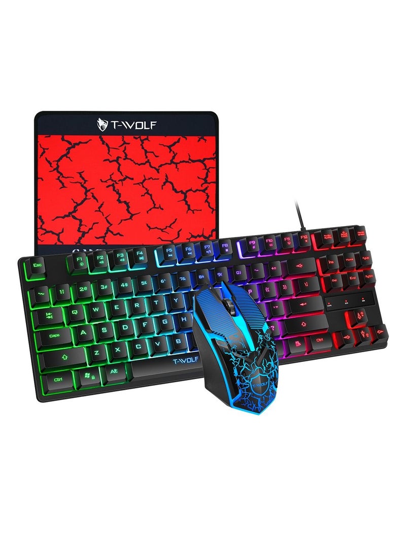 Keyboard Mouse Combo 87-Key Suspended Keycaps USB Wired Gaming Keyboard 3-Button Colorful Breathing Light Mouse with Mouse Pad for PC Computer Gamer