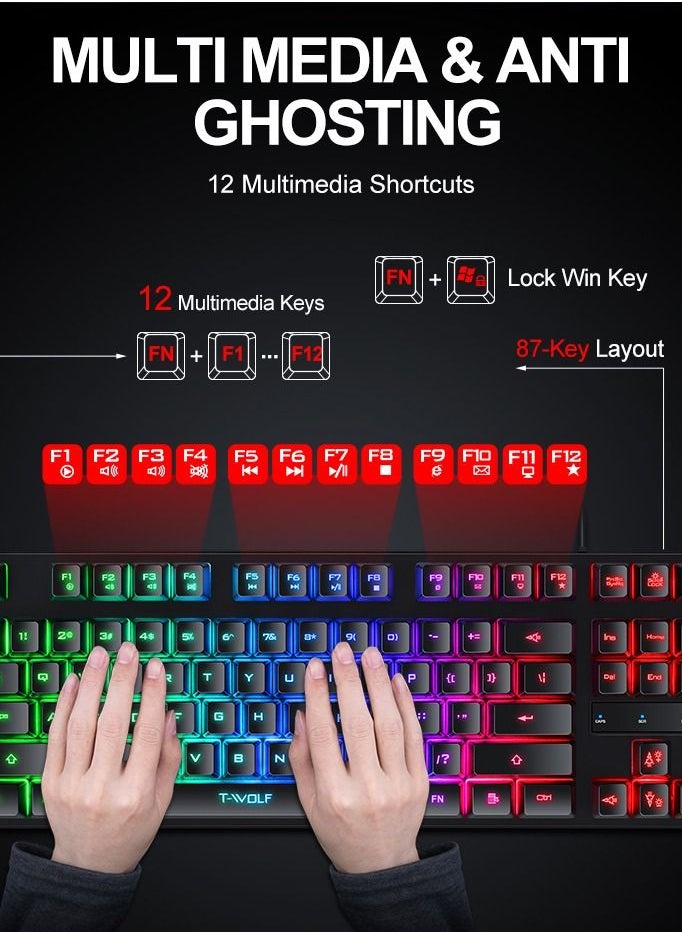 Keyboard Mouse Combo 87-Key Suspended Keycaps USB Wired Gaming Keyboard 3-Button Colorful Breathing Light Mouse with Mouse Pad for PC Computer Gamer