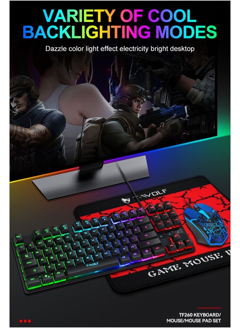 Keyboard Mouse Combo 87-Key Suspended Keycaps USB Wired Gaming Keyboard 3-Button Colorful Breathing Light Mouse with Mouse Pad for PC Computer Gamer