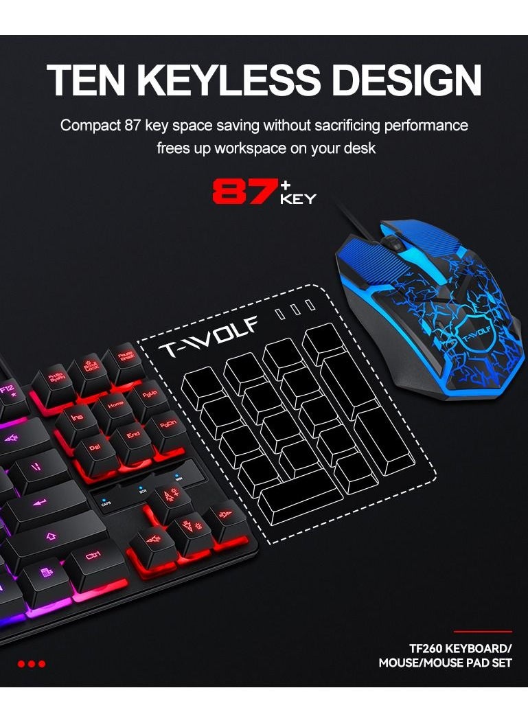 Keyboard Mouse Combo 87-Key Suspended Keycaps USB Wired Gaming Keyboard 3-Button Colorful Breathing Light Mouse with Mouse Pad for PC Computer Gamer