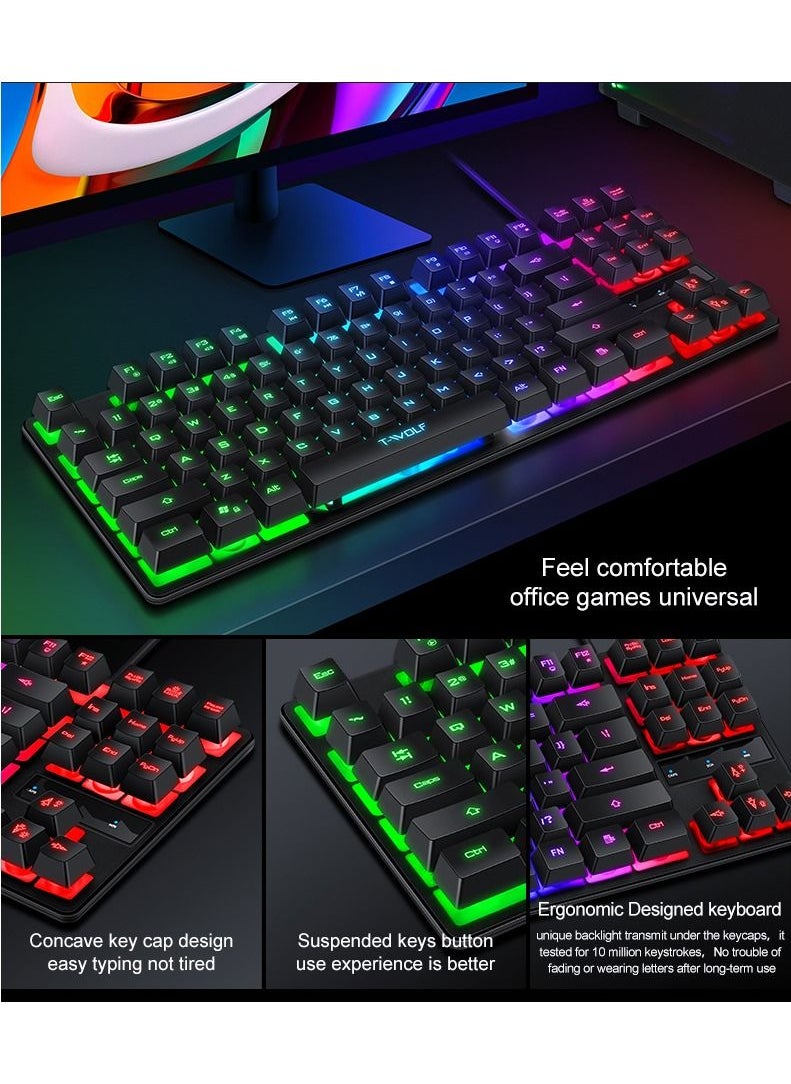 Keyboard Mouse Combo 87-Key Suspended Keycaps USB Wired Gaming Keyboard 3-Button Colorful Breathing Light Mouse with Mouse Pad for PC Computer Gamer